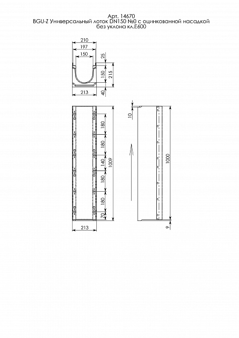 Лоток водоотводный бетонный с оцинкованной насадкой 1000*213*215, E600, DN150